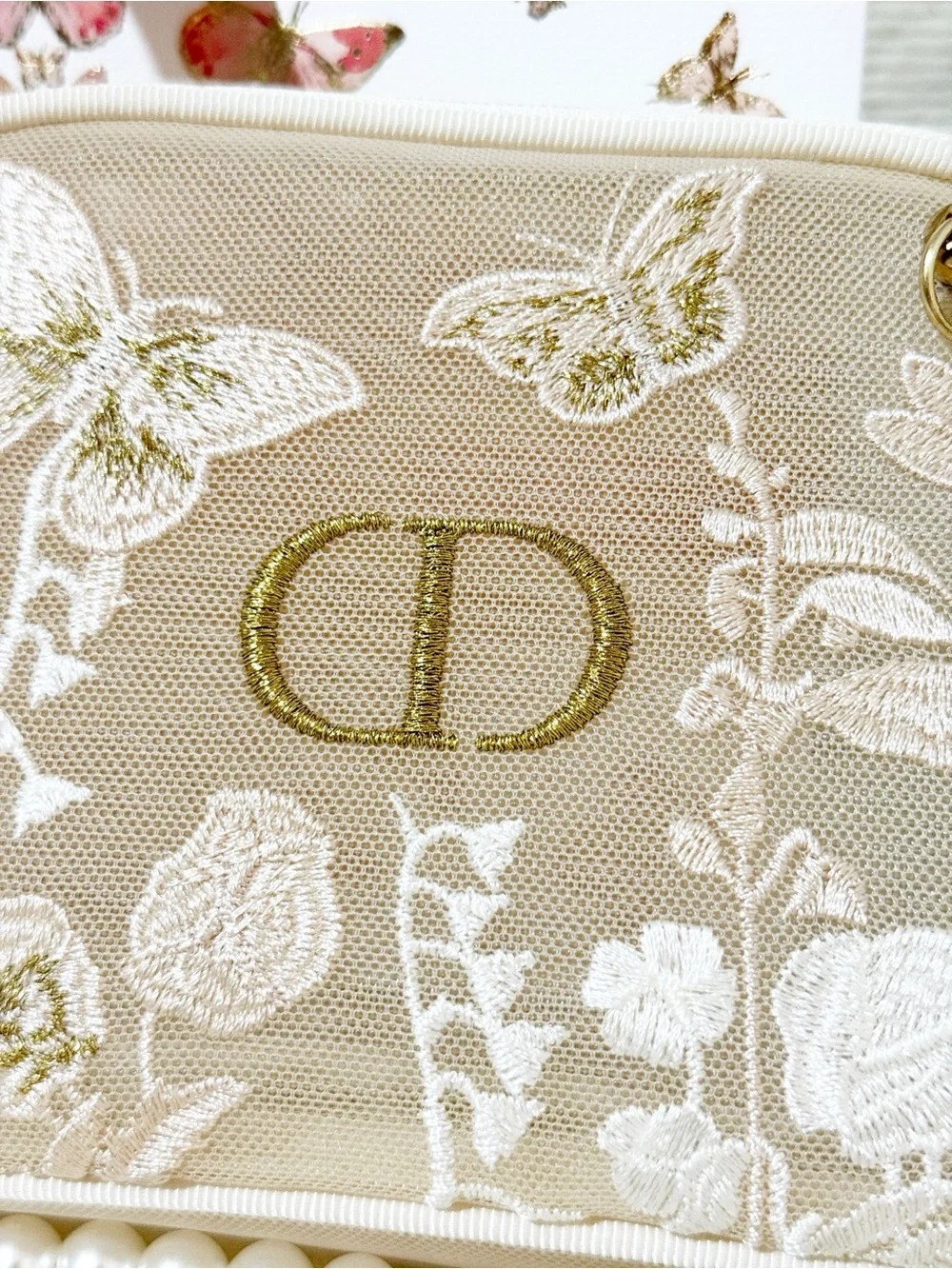 Dior Beauty Butterfly Floral Embroidered Mesh Pouch with Pearl Strap & Gift Bag